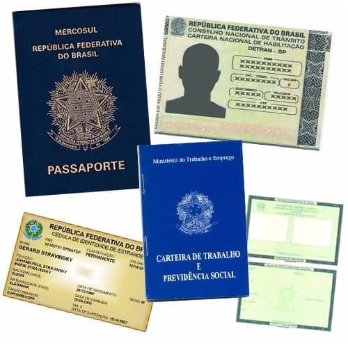 Quando proteger a privacidade se transforma em invasão? Conjunto de documentos dispostos em fundo branco: Passaporte, habilitação de transito, carteira de trabalho, identidade estrangeira e identidade regular.